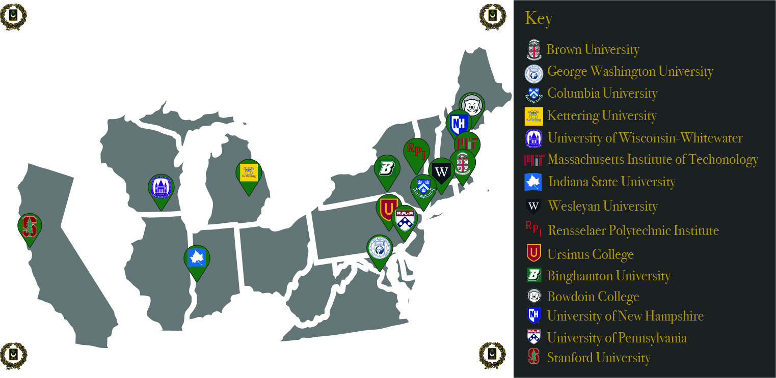 A partial map of the U.S. dotted with pins for each school that has a chapter.